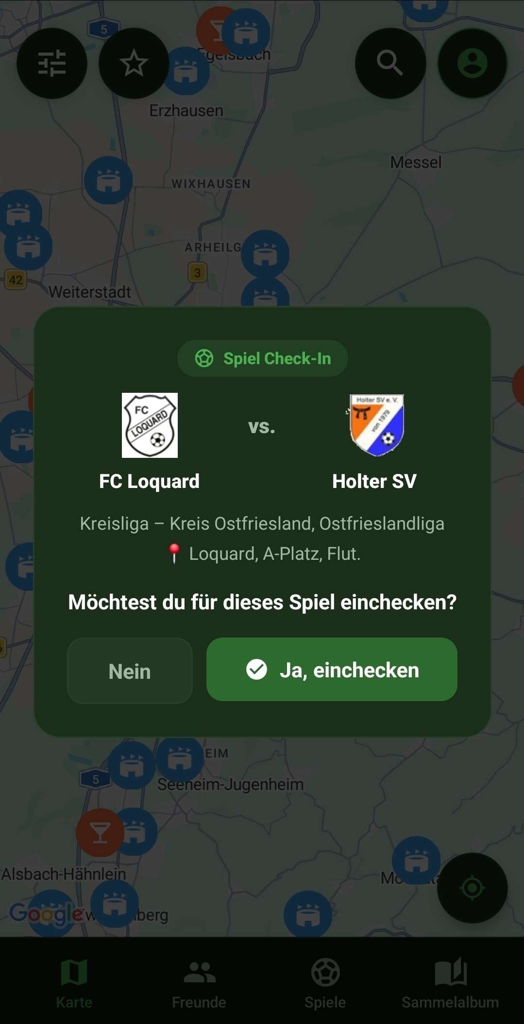 Check-in-Abfrage der Grounder-App für ein Kreisligaspiel