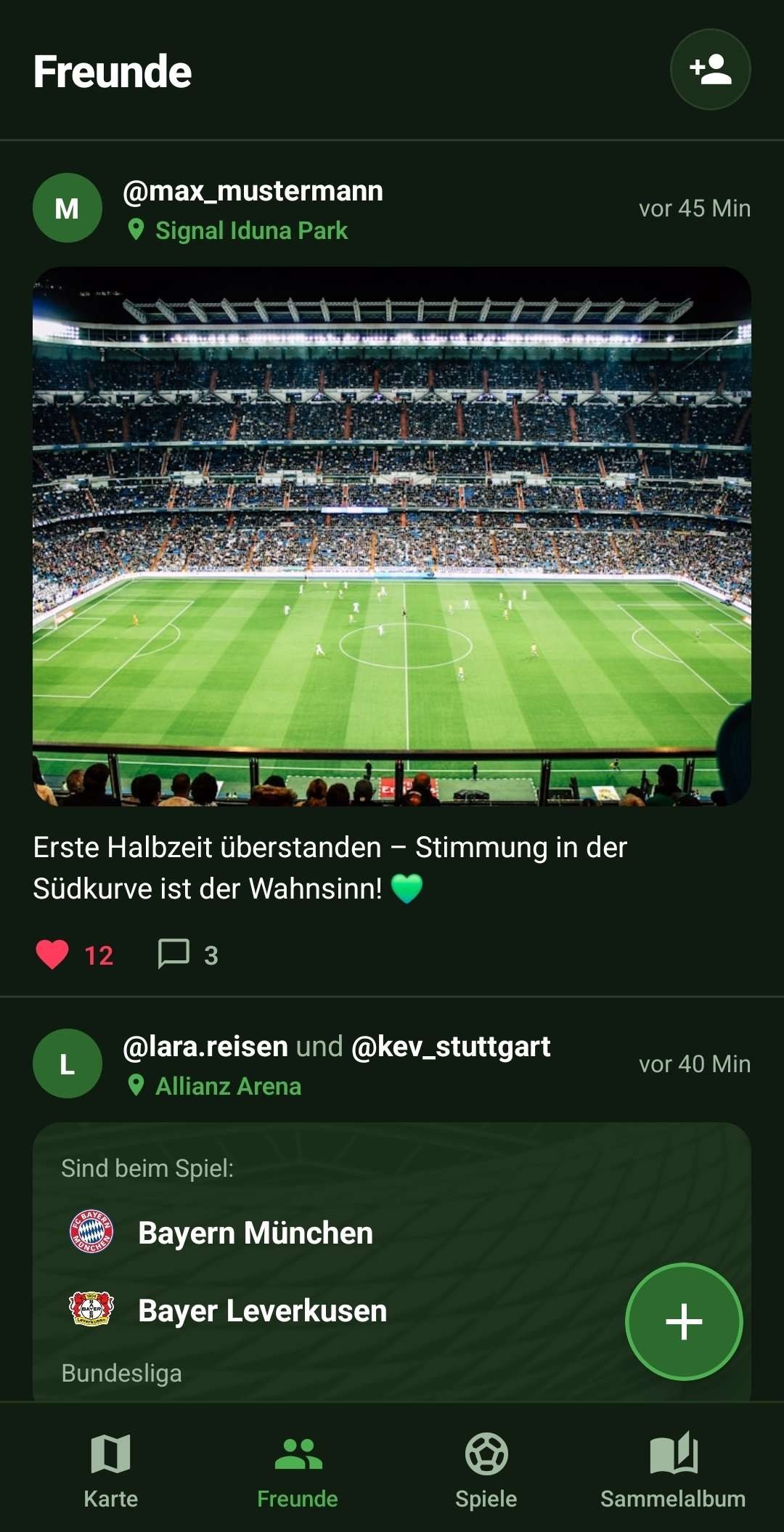 Freunde-Ansicht der Grounder-App mit Check-ins und Fotos