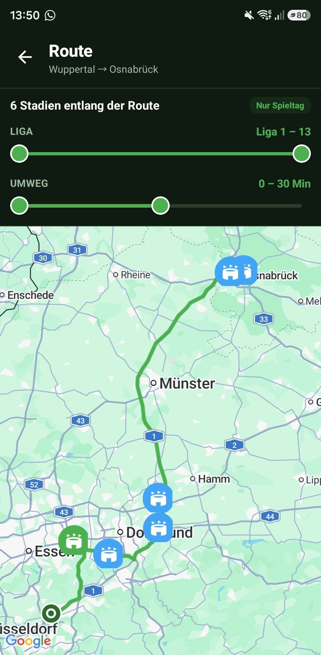 Routenansicht der Grounder-App: sechs Stadien zwischen Wuppertal und Osnabrück