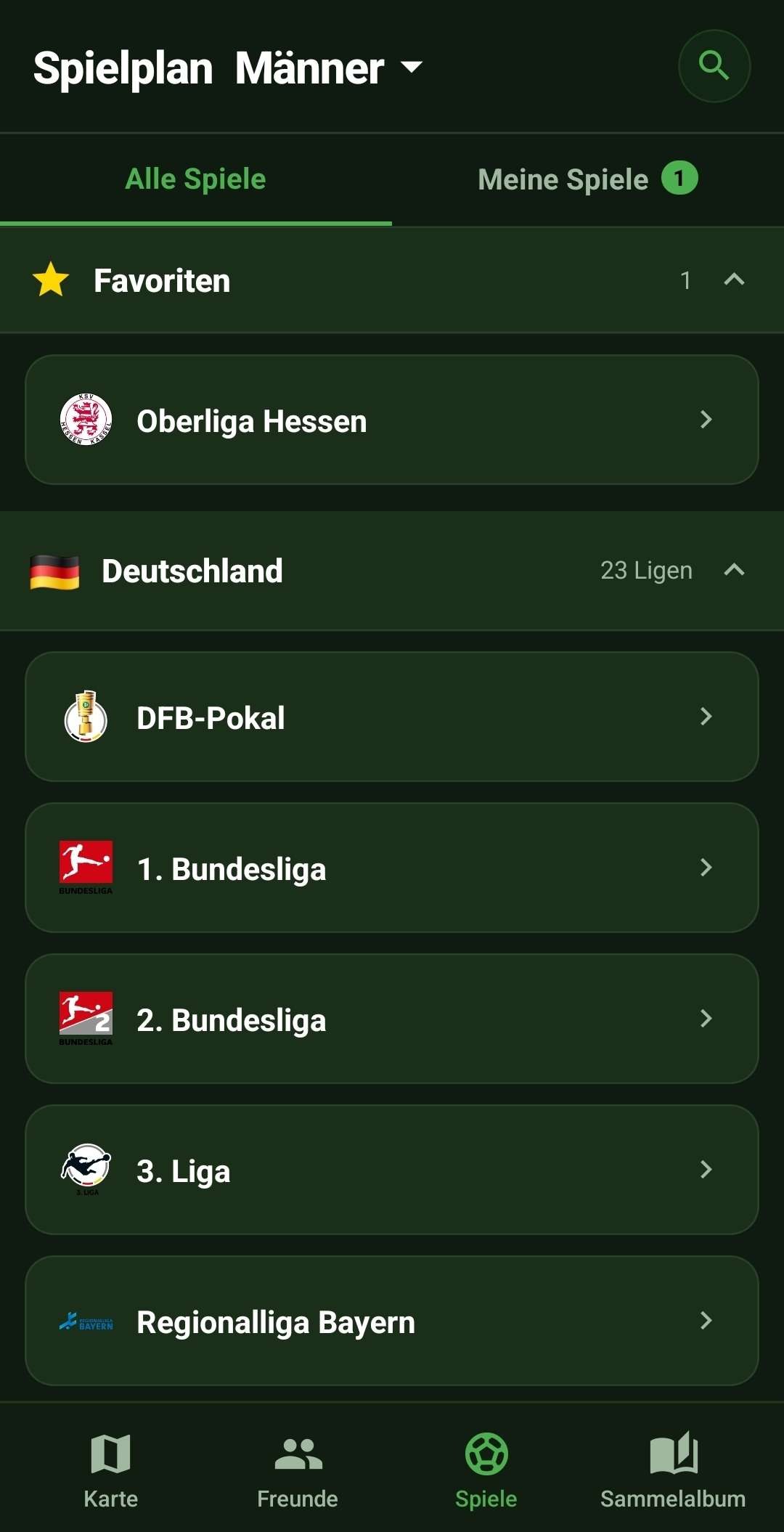 Spielplan der Grounder-App, nach Land und Liga sortiert
